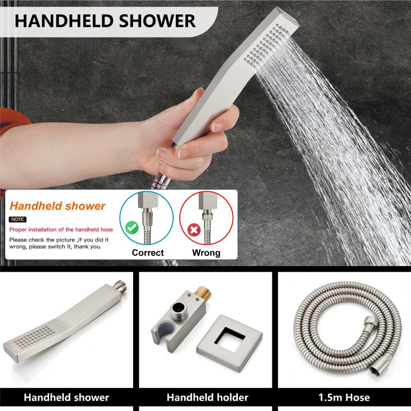 Midanya Shower Faucet Set,Wall Mount Shower System with Square Rain Shower Head and Hand Sprayer, Rough-in Valve Body and Trim Kit Included,8 Inch,Brushed Nickel - Image 5